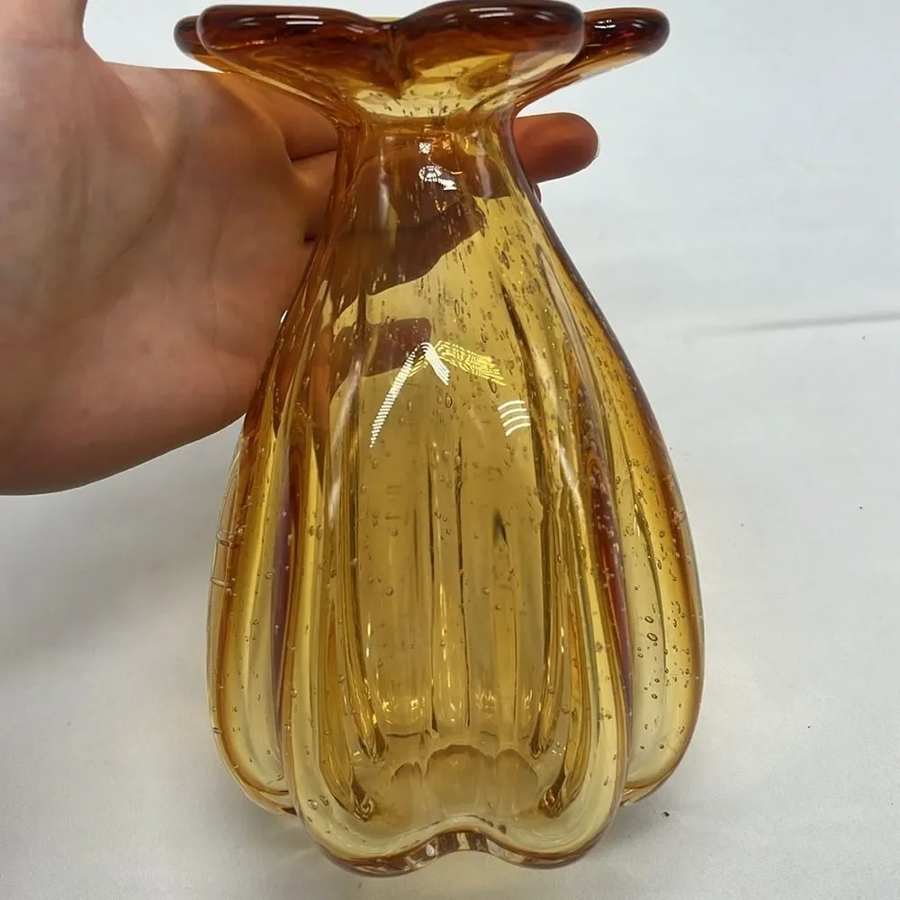 Vintage Handblown Amber Pulegoso Glass Vase with Petal Edges